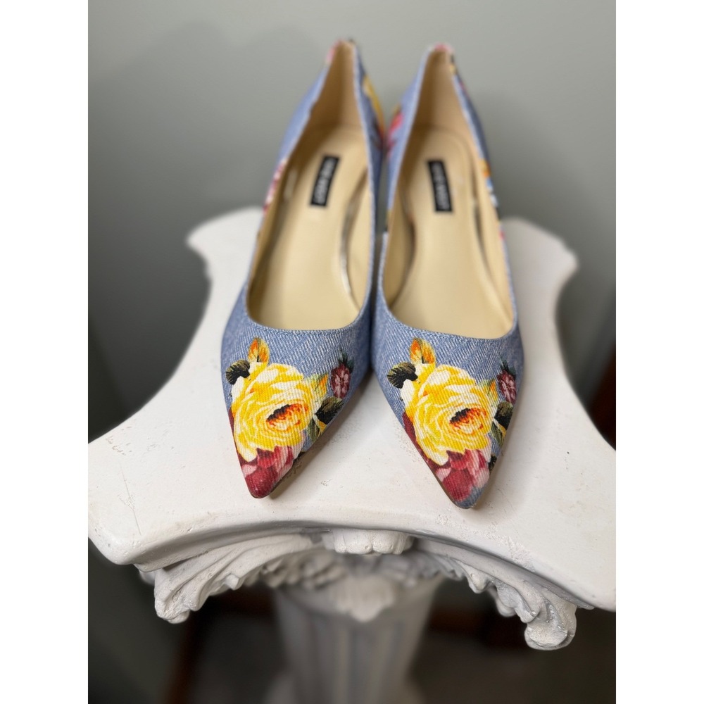 Nine West Floral Denim Pointed Toe Pumps Light Blue Yellow Stiletto Heels 6.5M - Picture 7 of 7